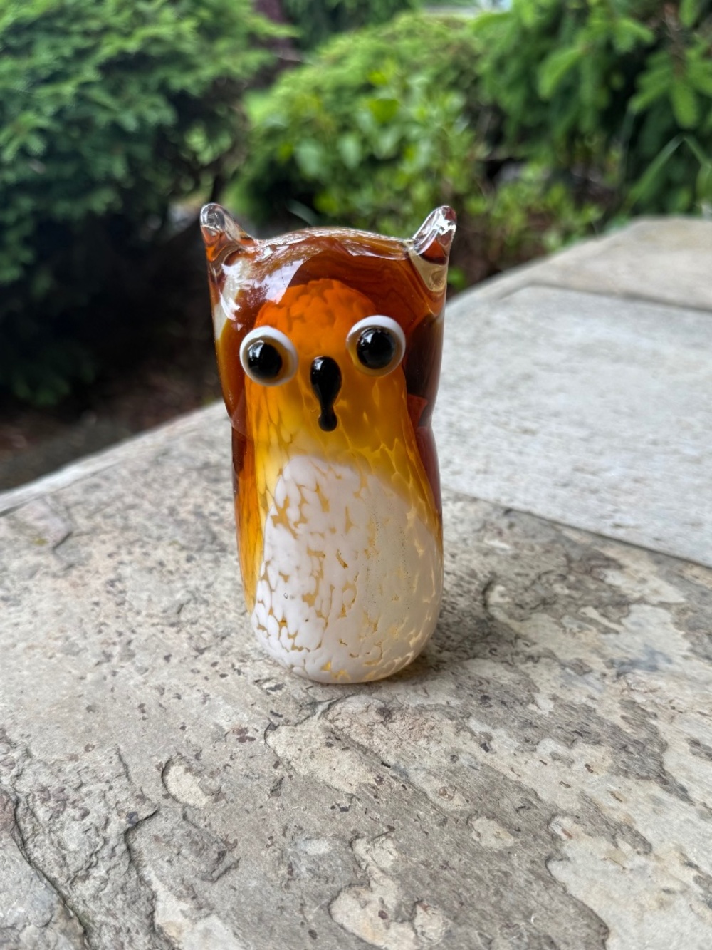 Hand Blown Glass Owl Paperweight Figurine 5” Birds Wildlife Amber & White.